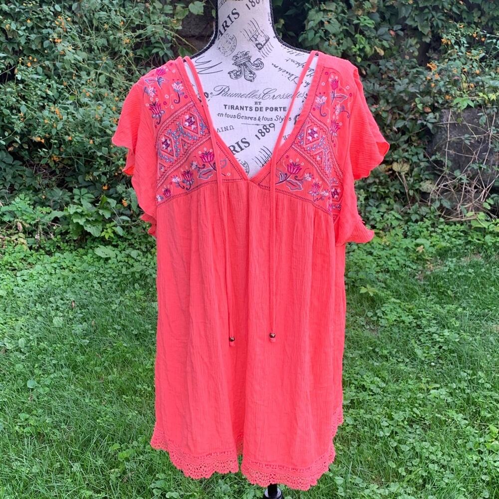 Terra & sky Boho embroidered design V-Neck coral blouse